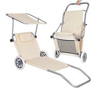 SPRINGOS Fauteuil inclinable d'été avec Roues Chaise Longue à roulettes Chaise Longue avec Pare-Soleil Dossier réglable en 5 Positions 2 Roues Appuie-tête