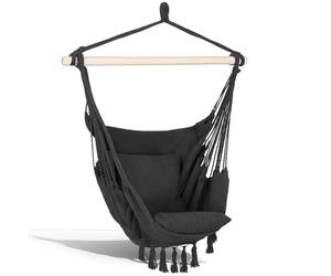 Springos® Fauteuil Suspendu Brésilien avec Coussins, Charge Max 150 kg, Fauteuil balançoire Boho en Coton/Polyester avec Cadre en Bois, Gris foncé, Poche latérale, Parfait pour Jardin