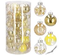 SPRINGOS Lot de 30 boules de Noël en plastique avec plumes - Transparentes - Diamètre : 7 cm - Boules de Noël remplies - Décoration pour Noël, fête, mariage, Transparent - Jaune - Doré