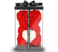 SPRINGOS Ours en Peluche en Roses avec cœur Ours en Roses dans boîte Cadeau avec Ruban Figure Florale Artificielle Hauteur 25 cm Cadeau pour Maman Fiançailles Cadeau d'anniversaire
