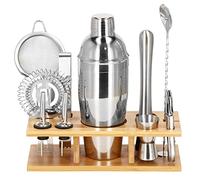 SPRINGOS Shaker Set de cocktails en acier inoxydable 11 éléments Support en bambou - Superbe bar pour boissons mixtes
