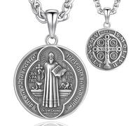 SPRINI Collier médaille de Saint Benoît en argent sterling 925 avec pendentif Saint patron 2,8 x 2,8 cm, breloque croix avec chaîne réglable en acier inoxydable de 2,5 mm + chaîne de 55,9 cm