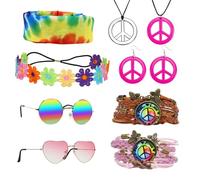 Sprinlot 10 Pièces Accessoires de Costume Hippie, Lunettes Hippie avec Bandeau, Collier Peace Hippie, Accessoires Hippie Rétro des Années 60 70