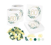 Sprinlot 20 Pièces Serviettes 60e Anniversaire+12 Pièces Photophores Décorations de Table pour 60 Anniversaire, Confettis 60e Anniversaire, Serviette Eucalyptus Homme Femme 60 Anniversaire Decoration