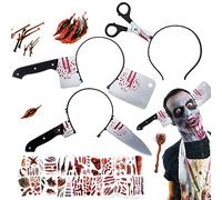 Sprinlot Halloween Costume Accessoire, 3 pcs Serre-tête Halloween, Autocollants de Tatouage Horror, Bandeau avec Couteau Ciseaux Halloween, Bandeaux Accessoire pour Halloween Carnaval Mascarade