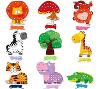 SpriteGru 9 Cartes à Lacer, Cartes à Coudre Recto Verso de 9 Animaux de la Jungle avec 9 Lacets Colorés, Jeux de Jouets Développant l'Imagination et le Laçage pour les Préscolaires, Enfants
