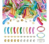 Spritewelry 100 pièces Perles de tube incurvé en acrylique - Perles d’espacement en bambou avec perles de strass et disques d’espacement - Fil élastique pour la fabrication de bracelets et bijoux DIY
