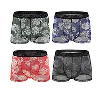 Spritumn-Home Ensemble Sexy Boxer Transparent exposés Respirants 4PC imprimé Dentelle sous-vêtements pour Hommes sous-vêtements sous-vêtements pour Hommes Pantalon Pyjama Flanelle Homme