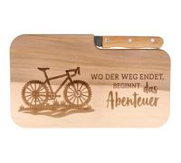 Spruchreif | Planche à pain avec couteau et gravure « Où le chemin se termine, l'aventure commence » - Planche en bois avec couteau - Idéal comme cadeau pour les cyclistes et les fans de plein air