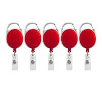 SPS Lot de 5 enrouleurs de badge rétractables robustes - Cordon métallique de 61 cm, mousqueton et clip de ceinture, sangle d'identification en PVC renforcé - Porte-clés rouge pour bureau - Rouge