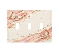 Spshian Plaque murale décorative pour interrupteur de luxe en agate rose, marbre, papillon doré, 3 interrupteurs à bascule, plaque de prise de courant pour chambre à coucher, décoration d'intérieur
