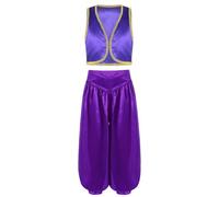SPSMOKH Costume de prince arabe rats de rue pour garçon - Gilet soyeux avec pantalon de danse sarouel (violet, 15 à 16 ans)