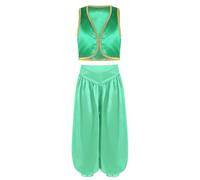SPSMOKH Costume de prince arabe rats de rue pour garçon - Gilet soyeux avec pantalon de danse sarouel (vert, 11 à 12 ans)