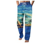 SPSMOKH Pantalon de plage en lin et coton pour homme - Coupe ample avec cordon de serrage - Pantalon de plage d'été à jambe droite avec imprimé hawaïen et cocotier, poches, cadeau de papa (vert, L)