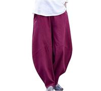 SPSMOKH Pantalon sarouel hippie gitan en coton et lin pour femme - Taille élastique - Coupe décontractée - Pour l'été et l'automne - Jambe large - Pantalon de survêtement ample et droit - Pantalon de
