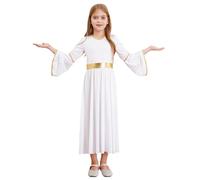 SPSMOKH Robe de danse de prière à manches longues pour fille - Style grec antique - Taille dorée - Blanc - 15-16 ans