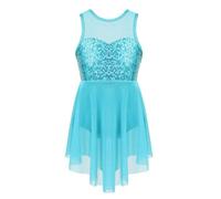 SPSMOKH Robe de danse lyrique à paillettes brillantes pour fille - Justaucorps de ballet sans manches - Jupes en tulle (bleu clair, 15-16 ans)