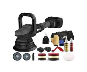 SPTA Polisseuse Voiture, 20V Machine à polir Polisseuse, Poliseuse Excentrique 2000-4800tr/min, 3 Vitesse Variable, 2 4000mAh à Batterie, 6 Disques 125mm 150mm en Mousse