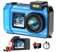 SPUNALP UHD Caméra sous-marine 8K, 70 MP 10 m, WiFi, étanche, avec carte de 64 Go, mise au point automatique, double écran, batterie 2500 mAh, numérique flottant 18 fois pour la plongée avec tuba