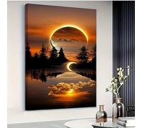 SPXLUCAU Tableau sur toile moderne et vintage représentant une éclipse sur le lac - idéal pour le salon, la salle à manger ou le bureau - Décoration élégante pour le Nouvel An (35 x 45 cm/sans cadre)