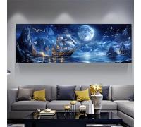 SPXLUCAU Tableau sur toile rectangulaire représentant un bateau pirate classique au clair de lune, idéal pour le salon (80 x 240 cm, sans cadre).