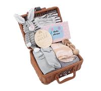 SPYMINNPOO Panier de Couverture de Chaussettes pour nouveau-né, Ensemble 9 en 1 : Hochet en Bois, Poupée en Peluche, Tissu Triangulaire, Fête Prénatale