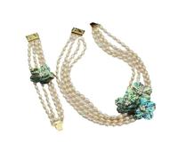 SQGGMOAUSC Ensemble collier et bracelet avec 4 rangées de perles de riz blanches et coquillage d'ormeau vert pour femme, One Size, Agate