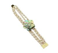 SQGGMOAUSC Ensemble collier et bracelet avec 4 rangées de perles de riz blanches et coquillage d'ormeau vert pour femme, One Size, Agate