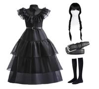 SQINGG Costume Noir pour Filles, Robe Mercredi Fille, Robe pour Enfants, Costumes de Famille Noirs, Costumes d'halloween, Robe de soirée pour Filles, Deguisement Mercredi,140cm