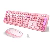 SQMD Clavier et souris sans fil coloré pour machine à écrire rétro avec touches rondes, 2,4 GHz USB pleine taille pour Mac, PC, ordinateur de bureau et ordinateur portable (rose coloré)