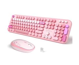 SQMD Clavier et souris sans fil coloré pour machine à écrire rétro avec touches rondes, 2,4 GHz USB pleine taille pour Mac, PC, ordinateur de bureau et ordinateur portable (rose coloré)
