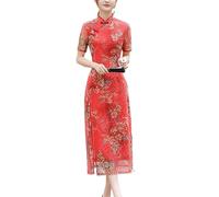 SQOYEI Été Longue Robe Vietnam pour Femme Ao Dai Double épaisseur Robe Vietnamienne Ao Dai, Maille Broderie Cheongsam Quotidien Qipao Mariage, Robe Chinoise(Rouge,XL)
