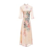 SQOYEI Nouveau Style Chinois été Robe Vietnamienne Ao Dai Col Droit, Manches 5 Minutes Robe Vietnam for Femme Ao Dai Mousseline Qipao Bal de Fin D'année Cheongsam(XL)