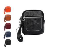 Square Leather Mini Card Wallet Coin Purse Portable Unisex-Zipper Lock(Black)