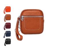 Square Leather Mini Card Wallet Coin Purse Portable Unisex-Zipper Lock(Brown)