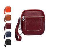 Square Leather Mini Card Wallet Coin Purse Portable Unisex-Zipper Lock(Red)