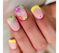 Square Press On Nails Colorful Flower Fake Glues Sur Acrylique Artificiel 12 Taille 24pcs Bâton Le Bâton L'ongle