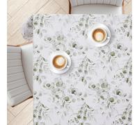 Square Pvc Tablecloth White Washable-Size 140 X 140 Cm-Waterproof Plastic Coated With Green Eucalyptus-Vinyl Oilcloth Tablecloth For Outdoors Boho Leaves Design