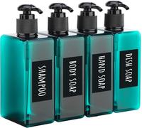 Square Soap Dispenser,4 Pieces 280 Ml Refillable Lotion Shampoo Bottle,With Waterproof And Handwritten Label,Pump Bottle For Detergent,Conditioner,Blue Peacock