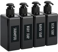 Square Soap Dispenser,4 Pieces 280 Ml Refillable Lotion Shampoo Bottle,With Waterproof Label And Handwritten Label,Pump Bottle For Detergent,Conditioner,Lotion-Black