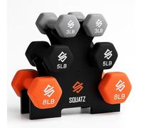 SQUATZ Lot d'haltères en néoprène avec support - 14,5 kg - Multicolore - Lot d'haltères courtes avec 3 paires - Pour la maison, la gym, la musculation, le fitness, les débutants
