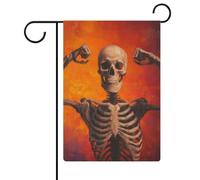 Squelette avec bras vers le haut, muscles flexibles, drapeau de jardin d'Halloween, vacances saisonnières, toile de jute double face, drapeaux d'extérieur pour maison, cour, 30,5 x 45,7 cm