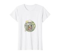 Squelette avec café Memento Mori T-Shirt Graphique avec Valeur, Femme, Blanc, XL