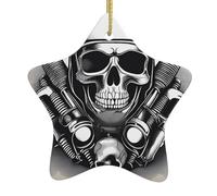 Squelette avec pistolet imprimé sapin de Noël en céramique à suspendre - Décorations de Noël en forme d'étoile avec corde dorée