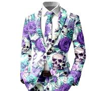 Squelette Blazer Homme Roses Imprimé Floral Coupe Ajustée Revers Cranté Simple Boutonnage Tête de Mort Halloween Horreur Gothique Séance Photo Spectacle Veste Costume Déguisement avec Poches