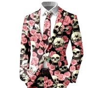 Squelette Blazer Homme Roses Imprimé Floral Coupe Ajustée Revers Cranté Simple Boutonnage Tête de Mort Halloween Horreur Gothique Séance Photo Spectacle Veste Costume Déguisement avec Poches