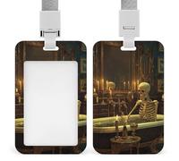 Squelette dans une baignoire élégante avec bougies, porte-badge rétractable, porte-cartes, porte-nom, porte-nom pour travail, bureau, médecin, infirmière