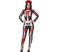 Squelette Fleur Jumpsuit Motif osseux Accents floraux Design tête de mort Célébration du Jour des Morts Noir Rouge Costume d'Halloween, Taille : 36 - 38 (S) Couleur : Noir