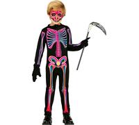 Squelette Halloween Costume enfants Mardi Gras Couleurs néon Tenue de fête Cool Effrayant, Taille : 98/104 Couleur : Multicolore