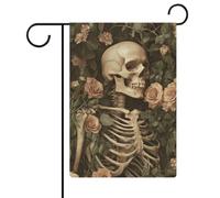 Squelette humain avec fleur drapeau de jardin maison cour drapeau extérieur vacances saisonnier toile de jute drapeau double face 30,5 x 45,7 cm